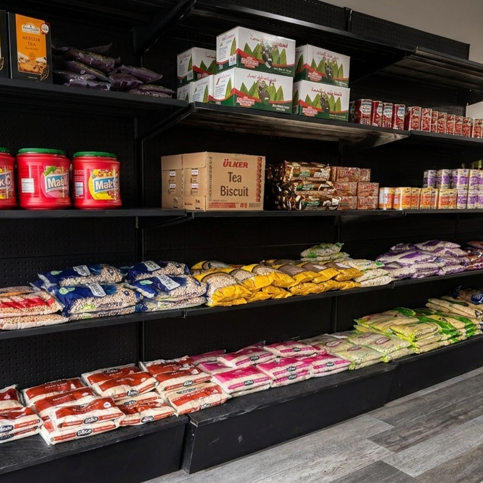 Black shelves display packaged tea, coffee, biscuits, canned goods, and colorful bags of rice and beans in a grocery market.