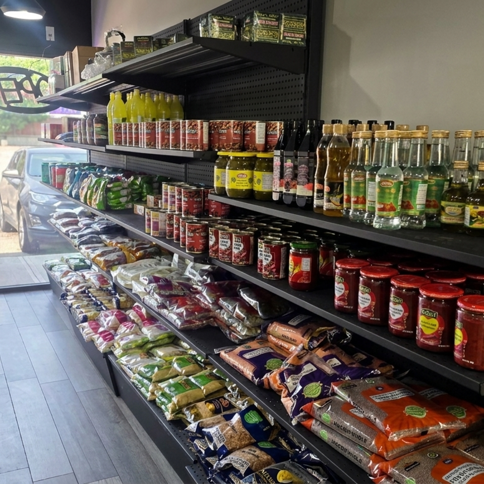 Shelves display bottled sauces, preserved vegetables, jars, packaged grains, and other grocery products inside a bright shop.